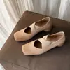 Zapatos de Ballet de Cuero Genuino Estilo Nuevo de Primavera con Punta Cuadrada Baja y Tacón Grueso para Mujer, con Correas Cruzadas, Zapatos Retro Mary Jane de Tacón Medio Nariz de Cerdo