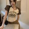 Camiseta corta con cuello en V, sexy, de manga corta, adelgazante, estilo americano, dulce y picante, con estampado retro, para estudiantes, ropa de mujer