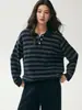 Suéter de Cashmere com Gola Polo Feminino Outono 2026, Tricô Listrado de Manga Longa, Estilo Old Money, Top Relaxado e Casual
