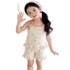 Conjunto de Verão Floral Sem Mangas Infantil para Meninas, Seda de Gelo Fina Desenho Animado Estiloso Roupa de Casa, Doce Estilo Ins