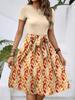 Europeu e Americano Amazon Temu Moda Elegante Gola Redonda Manga Curta Cor Dividida Cintura Estampa Paisley Vestido Midi