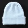 Gorro de punto de pelo de conejo de angora, gorro de punto cálido con puño para otoño e invierno, sombrero de lana versátil de color liso, directo del fabricante
