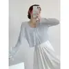 Cárdigan Protector Solar para Mujer, Estilo Delgado con Falda de Tirantes, Top Corto de Verano, Blusa Exterior de Bambú Lino Seda Hielo de Manga Larga con Cuello en V
