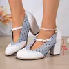Nuevo estilo de comercio exterior, zapatos planos Mary Jane con cordones talla grande para mujer, con diseños de bloques de color, punta poco profunda, tacones gruesos y detalles de hebilla