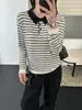 Cardigan de lã fina feminino com lapela, textura listrada e bordado requintado, jaqueta de tricô de abotoamento simples para o dia a dia