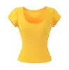Top Elástico de Manga Corta con Cuello en U Ajustado a la Cintura Estilo Chica Picante Verano Estilo Manga Figura Favorecedora Rayón Hombro Normal Camiseta para Mujer Puro Deseo Ajustado