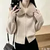 Cardigan de Tricô com Zíper e Gola Grande de Pelo Transfronteiriço Roupa Externa Feminina Outono Inverno Novo Estilo Moda Casual Petite Top de Tricô