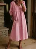 2026 Nuevo Vestido Casual Holgado Transfronterizo Europeo y Americano con Cuello en V, Adorno de Encaje y Manga Media de Color Sólido para Mujer