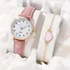 Set de relojes para mujer más vendido transfronterizo: reloj digital de pulsera de cuero simple de cuarzo + pulsera en forma de corazón, estilo ins de moda