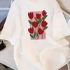 Camiseta Feminina Estilo Novo - Top Branco com Estampa de Tulipa Vermelha Solta Gola Redonda Camisa Casual Diária
