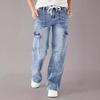 Punto Europeo y Americano Transfronterizo Otoño 2025 Nuevo Jeans con Cordones para Mujer Holgado Recto Casual Pantalones Cargo Lavados