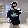 Camada de Base Infantil Masculina Estampa de Desenho Animado Algodão Puro Fina Camiseta Estilo Coreano Listrada Elegante Gola Redonda Manga Longa