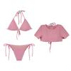 Traje de Baño Dividido Transfronterizo Bikini para Mujer de Tres Piezas Estilo Coreano Estilo Ins Color Puro Sexy Blusa de Manga Corta Traje de Baño Dividido