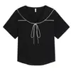 Camiseta com Gola Azul Marinho de Cor Contrastante Laço Manga Curta Feminina Plus Size Slim Fit 66137