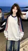 Sudadera con capucha de retazos de color liso y a rayas, cuello redondo, personalidad simple y de nicho, para mujer, otoño e invierno, nueva, holgada, versátil, estilo casual, top