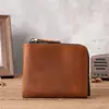 Bolsa de Almacenamiento Corta con Cremallera de Comercio Exterior en Stock, Portatarjetas Hecho a Mano de Cuero Genuino, Billetera para Monedas de Primera Capa de Piel de Vaca