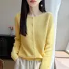Cárdigan de punto sin costuras de estilo suave 100% lana para mujer con diseño de botones, camiseta base adelgazante, abrigo cálido, suéter