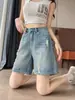 Shorts de Mezclilla Retro Azules Rasgados para Mujer, Estilo Delgado, Novedad Verano 2026 Shorts Sueltos de Cintura Alta para Mujeres Petites