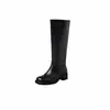 Botas Cavaleiro Tubo Reto Couro Genuíno Estilo Minimalista 2026 Salto Médio Bloco Bico Redondo Couro Genuíno Panturrilha Larga Botas Altas de Calçar para Mulheres