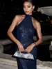 Comercio Exterior Transfronterizo Aliexpress 2026 Europeo y Americano Nuevo Estilo Vestido de Noche de Malla a Cuadros con Cuello Halter Ajustado Sexy para Fiesta