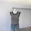 Comercio Exterior Europeo de Alta Gama Chaleco de Punto sin Mangas de Seda Helada con Cuello Redondo a Rayas para Mujer Verano Ajustado Adelgazante Moda Top