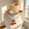Sombrero de Sol de Verano para Gatos y Perros, Sombrero de Cereza y Piña para Mascotas, Perros Pequeños y Medianos, Decoración de Collar de Perlas de Oso de Peluche
