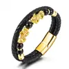 Pulseira Pixiu Dourada de Couro Trançado de Aço Inoxidável Estilo Chinês Popular Transfronteiriça Pedra Vulcânica Retrô Joias de Comércio Exterior Estoque Pronto