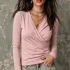 2026 Amazon Europeia e Americana Transfronteiriça Outono Novo Roupa Feminina Gola V Cruzada Manga Longa Plissada Camiseta Casual Top para Mulheres