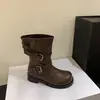 Botas versáteis e que afinam, na altura do joelho, design retrô, tira com fivela, salto grosso, femininas, outono/inverno, botas Western biker