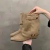 Botas de pierna de pantalón con hebilla de cuero retro estilo post-apocalíptico para mujer 2026 nuevas de otoño punta fina temperamento botas cortas botas de montar a media pantorrilla