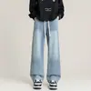 Jeans Masculino Tendência Estilo Americano Lavado Desgastado com Cordão e Cintura Elástica para Primavera e Outono de 2026, Caimento Solto, Tendência, Calça de Perna Larga Versátil