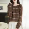 Suéter de seda a rayas de estilo suave y brillante para mujer, cuello redondo, holgado, ajustado, tejido de punto, versátil para primavera y otoño, se puede usar solo o como capa base