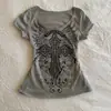 Camiseta de Manga Corta para Mujer Verano 2026 Top Gris Estampado de Pedrería Corte Ajustado Gótico Punk Ins Venta al por Mayor