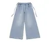 Jeans de verão largo com perna ampla e bordado, calça jeans de corte reto com perna ampla, calça longa versátil de cintura alta que afina no corpo em estilo americano