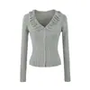 Design Suave Senso de Estilo Franja Gola Grande Manga Longa Cardigã de Tricô Outono Novo Estilo Emagrecedor Cropped Top Feminino
