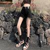 Shorts de mezclilla con doble hebilla para mujer, celebridad de internet, cintura alta, verano, diseño holgado, marca de cuero, negros, pierna ancha A, borde, pantalones cortos hot