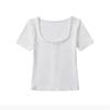 Verão 2025 Feminino Spice Girl Renda Gola Quadrada Camiseta Básica Curta Slim Fit Emagrecedora Meio Zíper Manga Curta Top