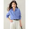 Camisa azul a rayas de otoño para mujer, diseño único, top de manga larga para usar en capas