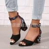 En stock, nuevas sandalias de tacón grueso bordadas de talla grande de moda europea y americana para mujer, sandalias de tacón alto con hebilla de comercio exterior para mujer