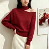 Suéter de punto estilo francés, suave, con hombros descubiertos y mangas largas para mujer, perfecto para primavera y otoño, un jersey elegante y chic en un nuevo color gris.