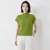 Top de Venta Caliente Transmitido en Vivo con Adorno de Pedrería, Estilo de Nicho de Alta Gama Inspirado en Issey Miyake, Cuello Semi-Alto Texturizado Fruncido, Mangas Cortas Tipo Murciélago Sueltas