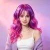 Peluca de Fibra Sintética de Rollo Grande para Cabello Largo Color Rojo Rosa Degradado Raya Media Ola Grande Cabello Largo Rizado Peluca Europea y Americana