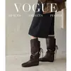 Botas de tornozelo pretas de cano alto estilo coreano para mulheres, salto médio, pele de carneiro, sem cadarço, botas de montaria planas com cadarço de inverno, botas longas emagrecedoras