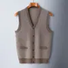 Cardigã de lã pura masculino para outono e inverno, colete de lã tricotado quente tamanho grande, colete de lã de alta qualidade com decote V masculino