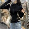 Camiseta de Manga Larga con Cremallera a Media Altura y Cuello Alto en Contraste Retro para Mujer Moda de Principios de Otoño Casual Aspecto Adelgazante de Alta Elasticidad Top Deportivo