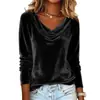 Site Independente Amazon Transfronteiriço Europeu e Americano Moda Feminina 2025 Nova T-shirt Sexy de Veludo de Cor Sólida com Gola Drapeada e Manga Longa