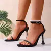 Sandalias de Tacón Alto Irregular con Tira Fina Negra Abierta en la Punta y Hebilla en el Tobillo, Estilo Europeo y Americano Transfronterizo, para Mujer, Talla Grande, Zapatos de Moda Sexy para Fiesta