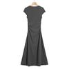 Vestido gris de cuello redondo y manga corta para mujer, falda de verano, cintura ajustada, adelgazante, línea A, drapeada, informal, hasta la cadera, largo medio