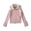 Abrigo Corto de Punto Estilo Retro Americano con Cuello de Piel, Nuevo Estilo Otoño e Invierno, Estilo Perezoso, Versátil, Corte Entallado, Cárdigan Suéter con Cremallera para Mujer