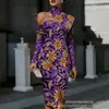 Transfronterizo Nuevo Estampado Digital Casual Personalidad Moda Temperamento Vestido de Manga Larga Hombros Descubiertos Falda Primavera y Otoño Mujer